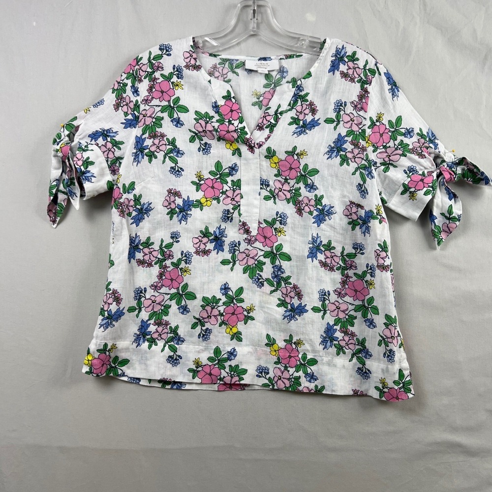 Charter Club Linen Blouse Womens PS White Pink Floral Tie Sleeve Split Neck Top